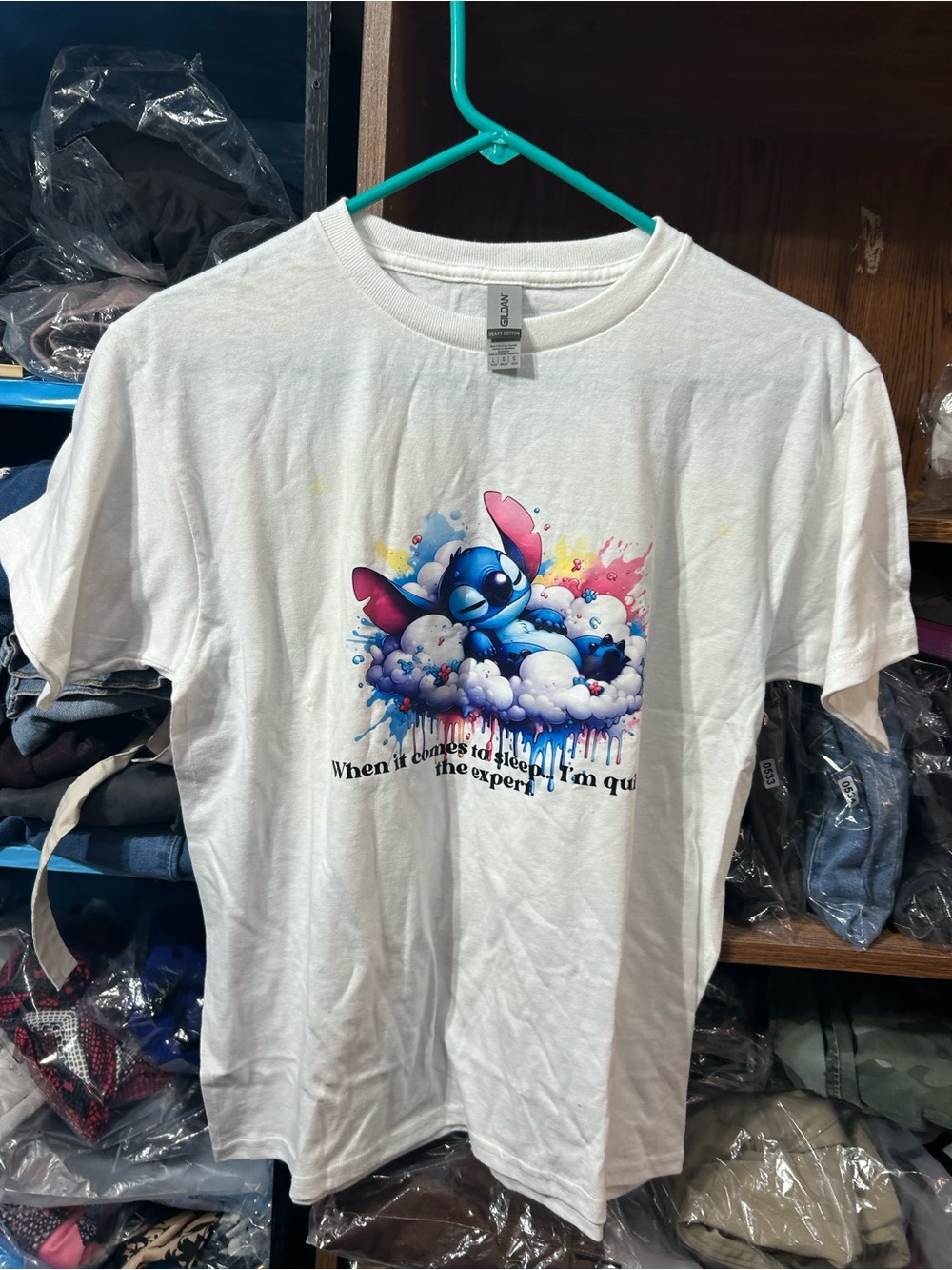 Gildan White Short Sleeve Tee with Multicolor Cartoon Cloud Graphic
